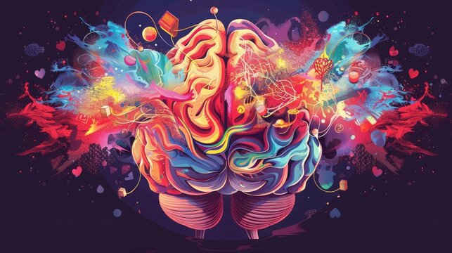A human brain intricately detailed with vibrant neural pathways, exploding into an explosion of artistic shapes, colors, and symbols of creativity.