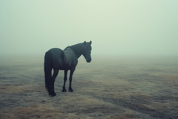 Obraz premium Horse standing in a foggy field with mist, enjoying the tranquil outdoor nature, serene and pensive