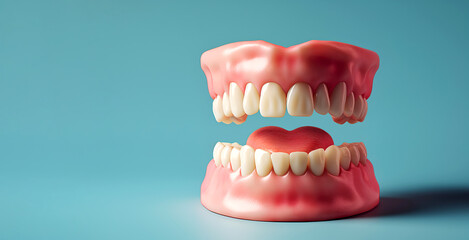 Obraz premium 3D human teeth model for dental study and medical presentations, blue background. Dental model showcasing tooth anatomy. 3D dental model for use in stomatology visuals and medical ads, copy space