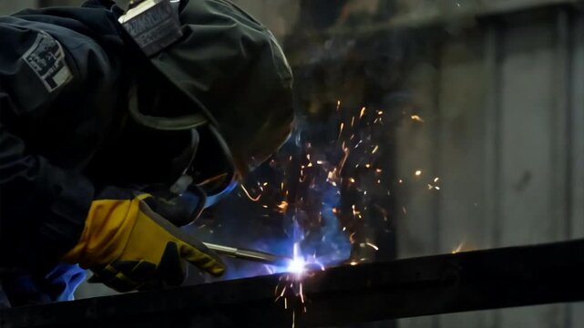 A welder working on a metal structure, with sparks flying and the intense glow of the welding arc.