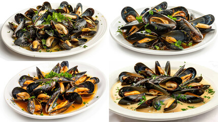 A plate of steamed mussels in a white wine sauce, garnished with fresh parsley, against a white background 

