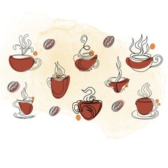 cup of coffee with coffee beans Line Art. Coffee Lovers Concept Line Art Style for Logos, Business Cards, Banners.
