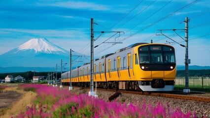 Obraz premium view of a modern commuter train, painted in a bright yellow hue, moving along electrified tracks. The train is set against a backdrop of a clear, blue sky