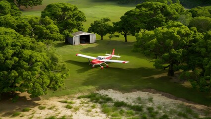 a small, red-striped airplane is parked, adding a touch of adventure to the scene. Nearby, a shed or small building stands, its doors wide open, beckoning exploration