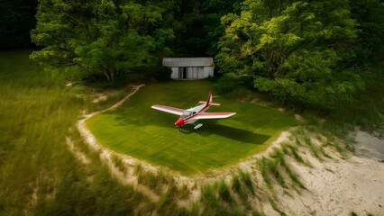 a small, red-striped airplane is parked, adding a touch of adventure to the scene. Nearby, a shed or small building stands, its doors wide open, beckoning exploration