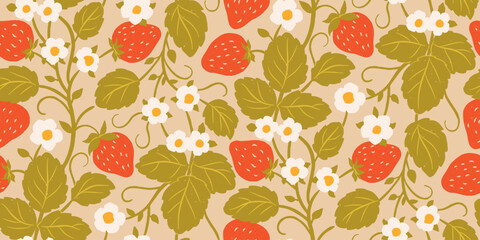 Strawberry seamless pattern and card design with wild berries, leaves and flowers, seasonal strawberry wallpaper, cute design for fabric, interior decor, wrapping paper