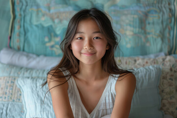 Fototapeta premium cute asian girl in the white shirt sitting on the bed in front of the blue background 