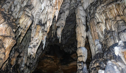 Close up of ornaments in the Ice cave (Ledena pecina), Uvac nature reserve tour with boat ride, Uvac lake and canyon,  Serbia