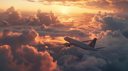 Airplane flying through sunset clouds, capturing a breathtaking aerial view