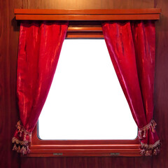Window with red curtains drapes in PNG isolated on transparent background