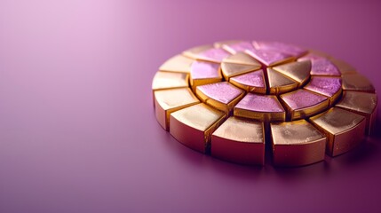 Obraz premium Close-up of a round segmented chocolate piece on a purple background, displaying a luxurious and elegant confectionery presentation.