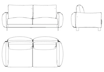 Sofa Line Vector Illustration. Different Views of Modern Sofa, Ideal for Furniture Design and Interior Concepts with Front, Side, and Top Views