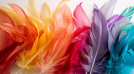 An HD capture of colorful feathers fanned out on a white surface, showcasing a spectrum of hues