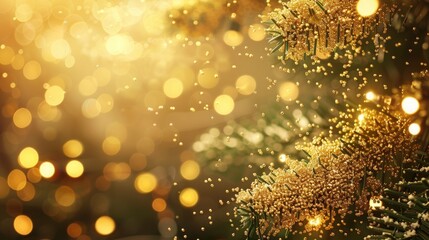 A magical cascade of golden Christmas particles and sprinkles, shimmering in the soft glow of holiday lights, creating a festive wallpaper background that evokes the joy of the season.