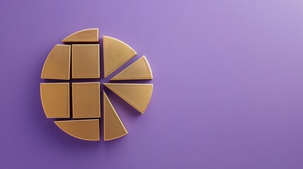 Geometric golden pie chart pieces on a vibrant purple background, showcasing concepts of business analytics, data visualization, and finance.