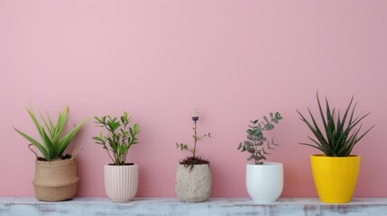 Fototapeta premium A row of potted plants sit on a shelf, with one of them being a yellow one