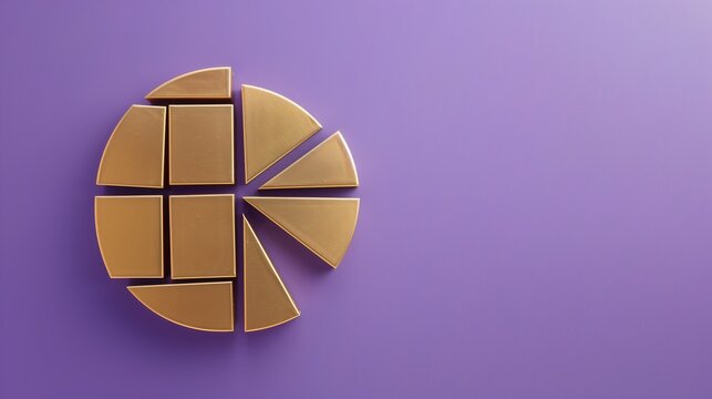 Geometric golden pie chart pieces on a vibrant purple background, showcasing concepts of business analytics, data visualization, and finance.