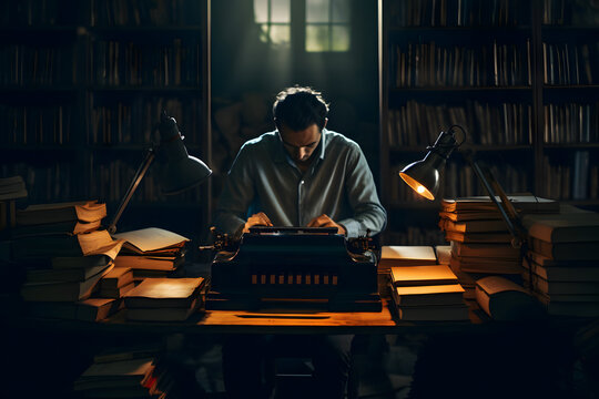 A focused man typing on a vintage typewriter, surrounded by piles of books