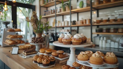 Fototapeta premium A bakery with a variety of pastries and cakes on display. Scene is inviting and delicious
