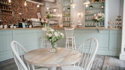 A small cafe with a table and chairs, and a vase of flowers on it. The table is surrounded by chairs, and there are several other chairs in the room. The atmosphere is cozy and inviting