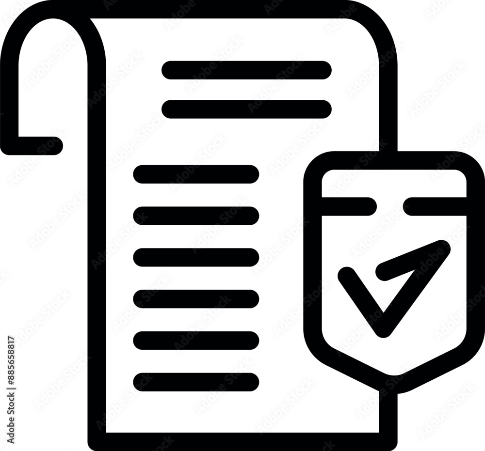 Poster line icon representing a document being protected by a shield with a check mark, symbolizing data se