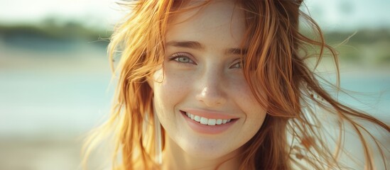 portrait of young redhead woman with freckles smiling outdoors