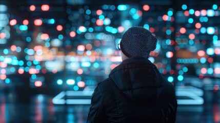 A man wearing a black hat and a black jacket is looking at a screen with a blurry background