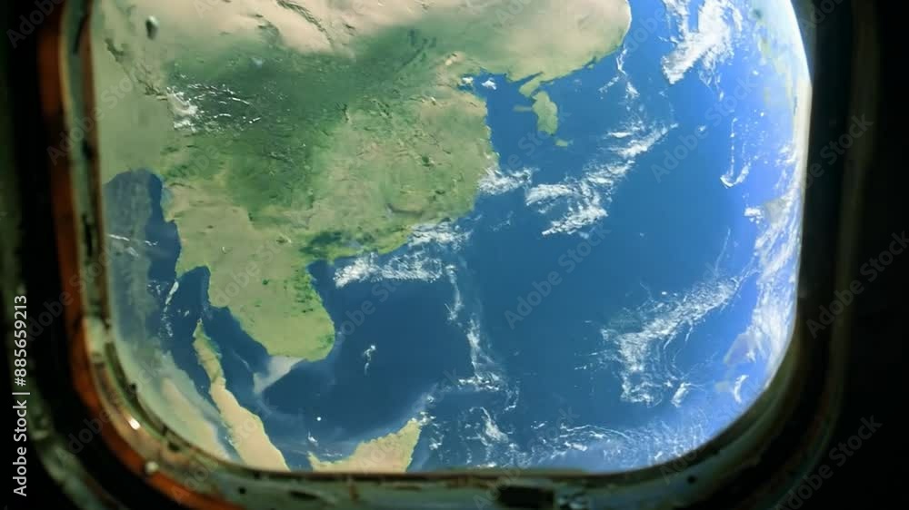 Poster earth viewed through a scratched spaceship window generative ai
