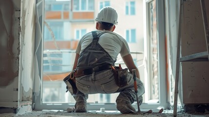 Fototapeta premium Back view of a man contractor at work inside a home for renovation and refurbishment project , complete energy efficiency renovation concept image