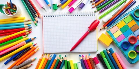 Obraz premium A Colorful Array of Stationery Around a Notebook, school , art , supplies , creativity