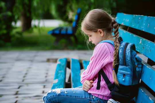 Unhappy and sad schoolgirl sitting on wooden bench in the park