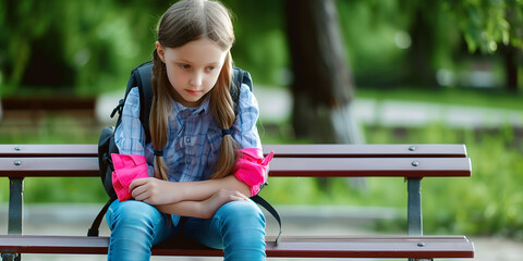 Unhappy and sad schoolgirl sitting on wooden bench in the park
