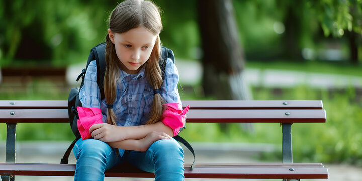 Unhappy and sad schoolgirl sitting on wooden bench in the park - Powered by Adobe