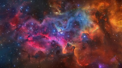 Obraz premium A mesmerizing galaxy cloud nebula with radiant colors and star clusters, creating an awe-inspiring view of the universe.