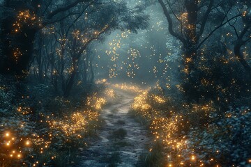"Enchanting Fantasy Forest Scene at Night"