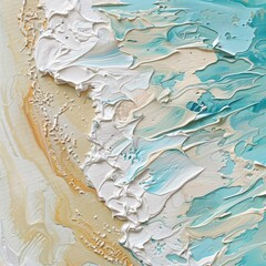 Abstract textured painting of a beach scene with turquoise waves and sandy shore.