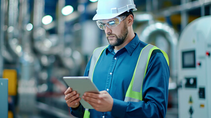 An engineer wearing safety gear using a tablet to monitor operations in an industrial plant.