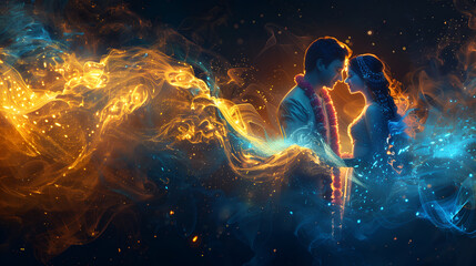 Obraz premium An artistic representation of an Indian couple in traditional attire surrounded by glowing patterns
