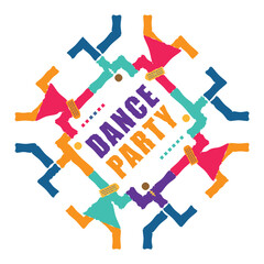 Dancing party, abstract decorative symbol. Inscription DANCE PARTY in the middle of a circle of dancers.	 Isolated on white background. Vector available.