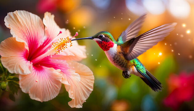 Hummingbird flying close to beautiful flower