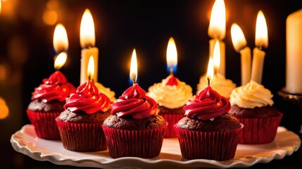 A candle-topped cupcake on a dark surface, arranged symmetrically for visual balance