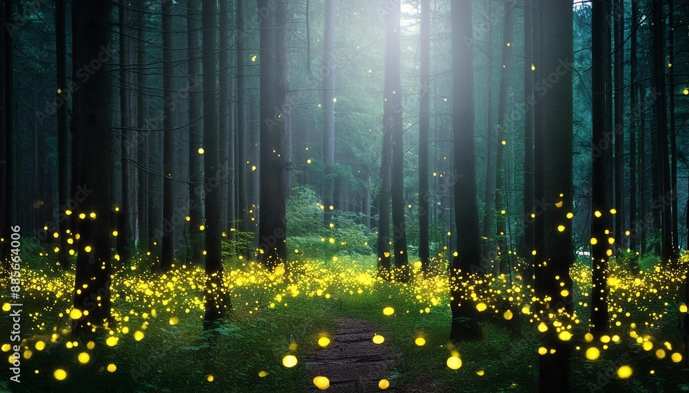 Sticker darkened forest with fireflies their ethereal glow