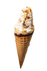 Ice cream with nuts and chocolate isolated on white background.