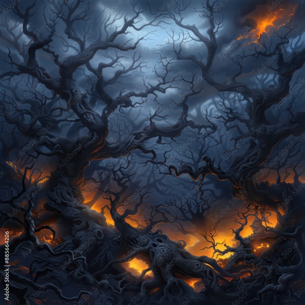 Poster A dark forest with trees on fire. Scene is eerie and ominous. The trees are twisted and gnarled, and the flames are intense, creating a sense of danger and destruction