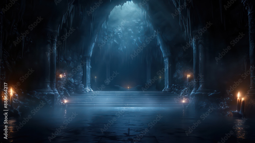 Poster a dark cave with a large archway and a few candles lit. scene is mysterious and eerie