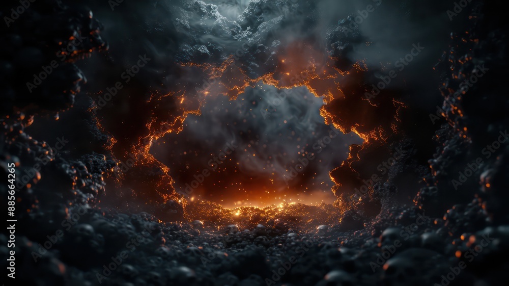 Poster a dark, ominous space with a large hole in the middle. the hole is surrounded by fire and smoke, cre