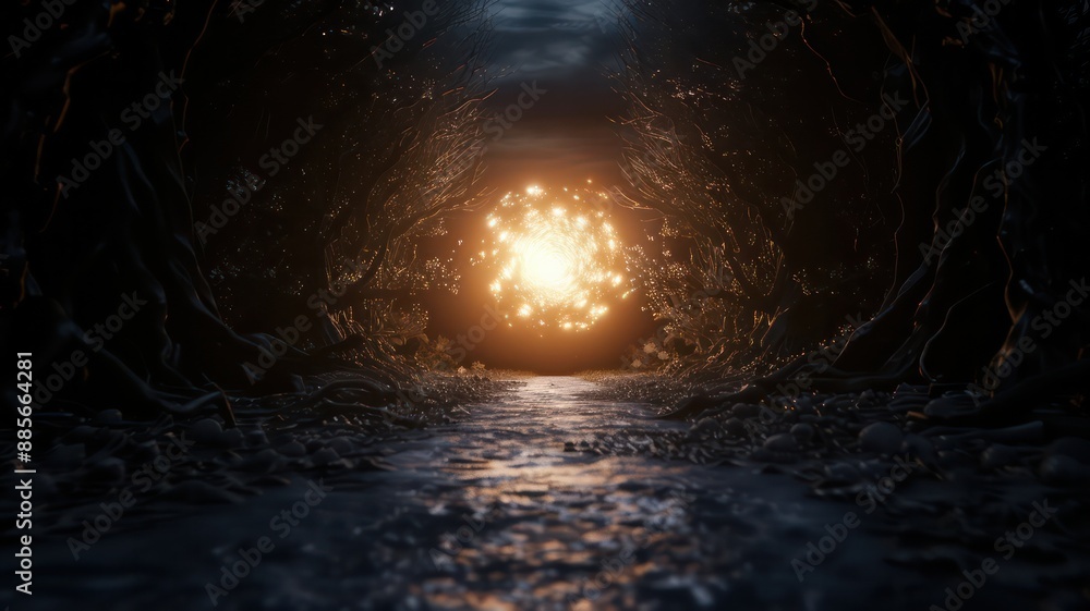 Poster A dark tunnel with a glowing orb in the center. The light is shining through the tunnel, creating a sense of mystery and wonder