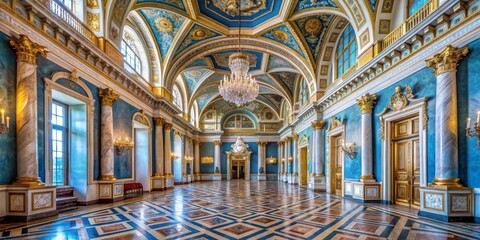 Obraz premium Grand Hall Interior with Blue Walls and Gold Accents, wide angle, intricate details, royal palace, opulent, architectural, gold