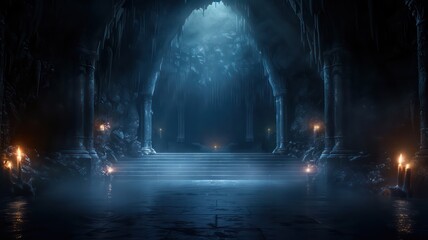 Obraz premium A dark cave with a large archway and a few candles lit. Scene is mysterious and eerie