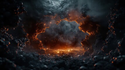 Fototapeta premium A dark, ominous space with a large hole in the middle. The hole is surrounded by fire and smoke, creating a sense of danger and chaos. The scene is set in a futuristic world, with the fire